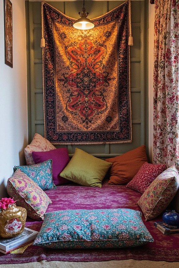 cozy bohemian reading sanctuary with tapestries