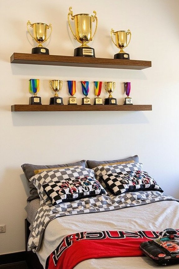 racing themed trophy display areas