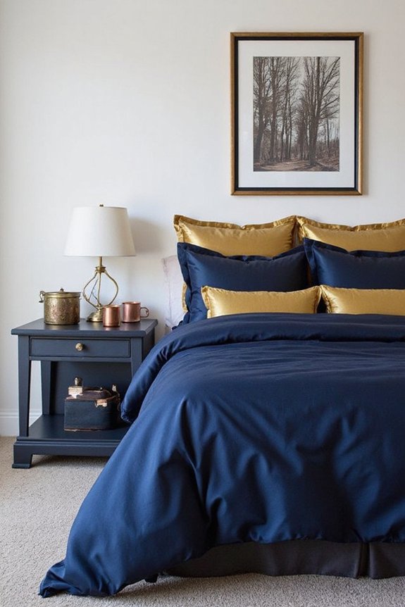 sophisticated luxurious navy bedding accented metallically