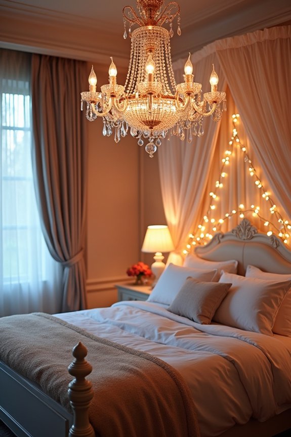 sparkling crystal chandelier and fairy lights