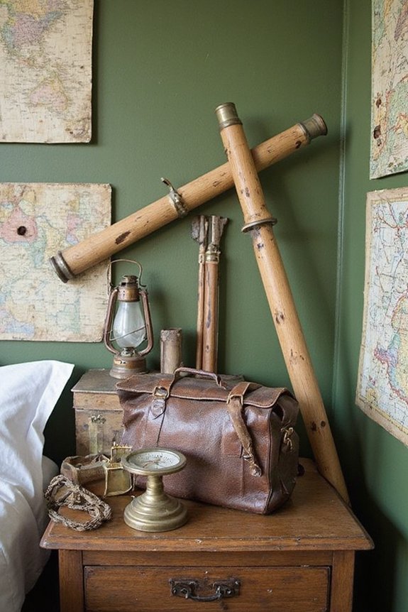 vintage explorer themed hunter green bedroom
